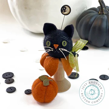  Just Another Button - Midnight Kitty & Pumpkin Spoolkeep Pincushion--supplies only 